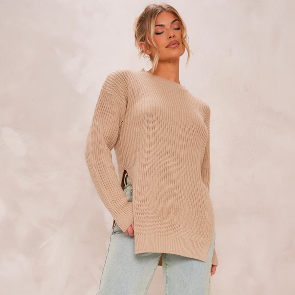Stone Round Neck Side Split Sweater - image 1